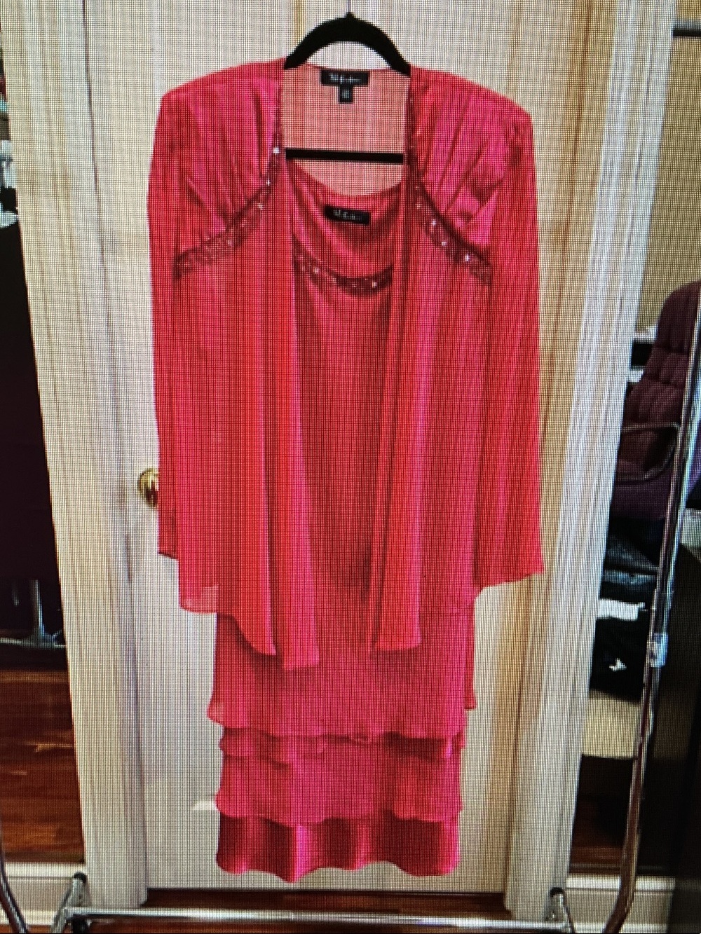 S.L. Fashions Red Beaded Evening Dress Set